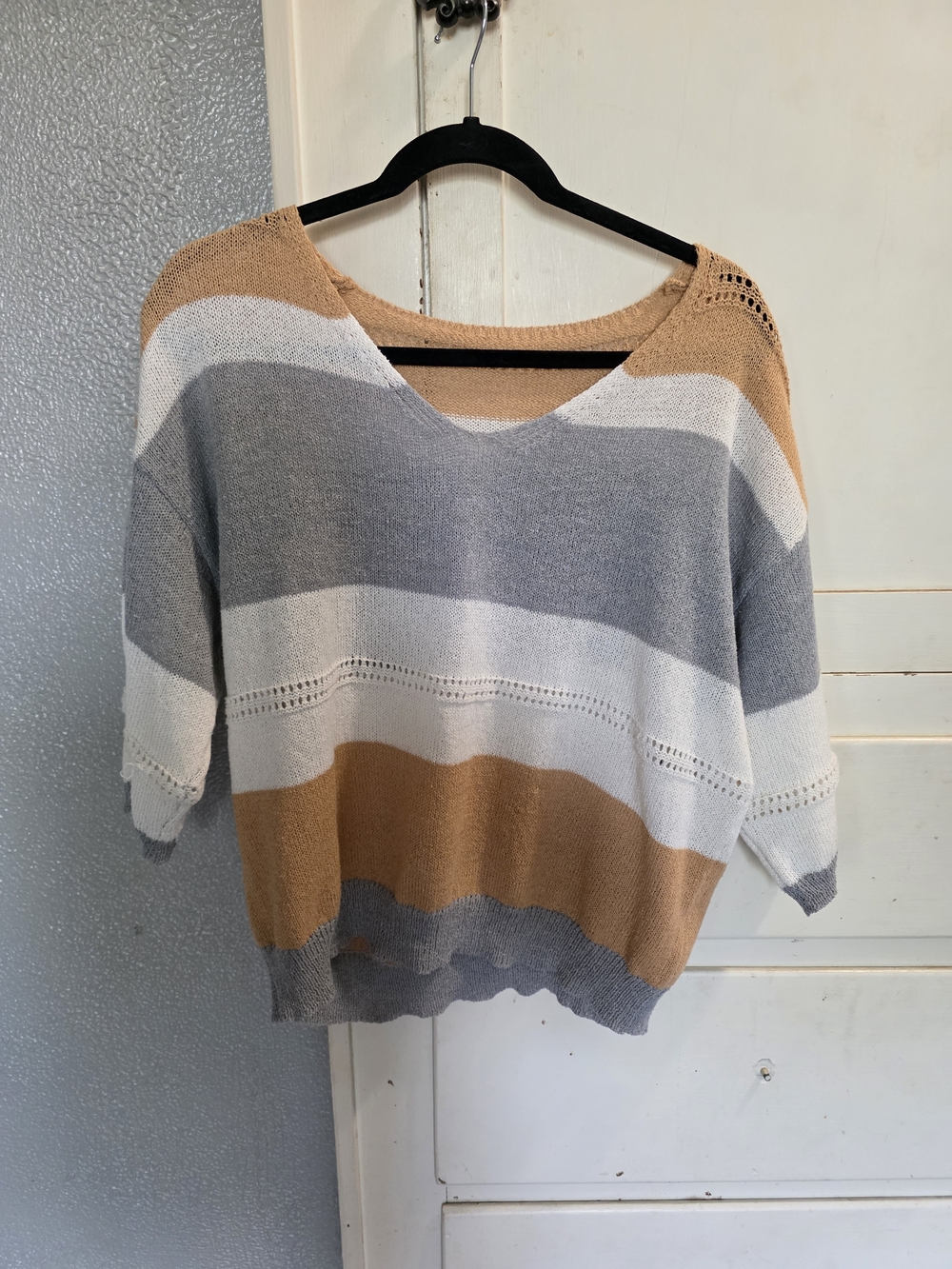 Source Unknown Scoop-Neck Striped Sweater in Tan, Gray & White
